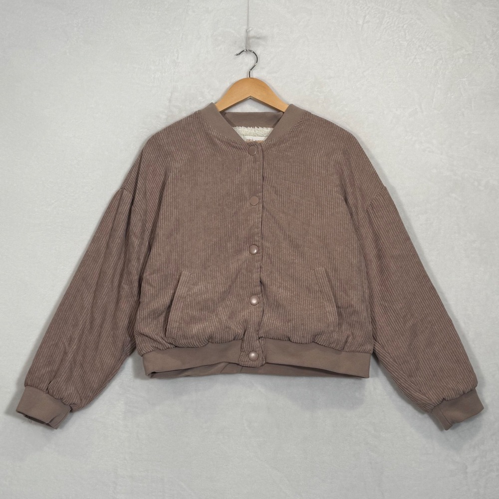Pink Rose Mauve Brown Corduroy Sherpa Lined Bomber Jacket XL